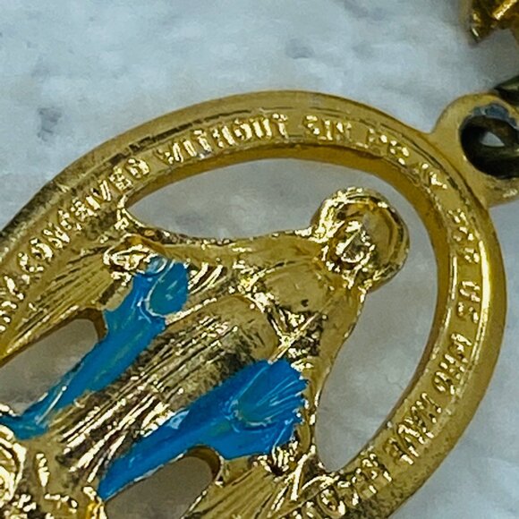 Vintage Gold-Tone Bow & Virgin Mary Religious Brooch Pin Blue Enamel Accents - Picture 13 of 16